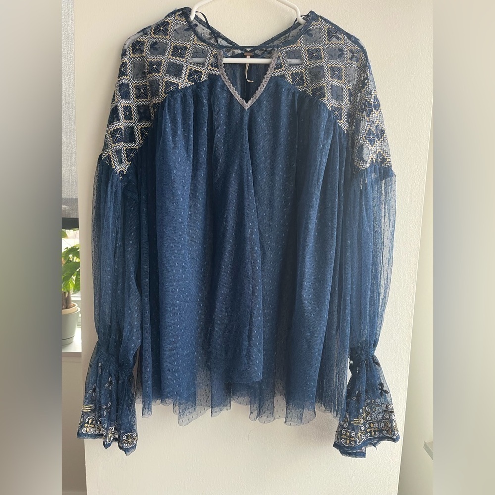Free People Joyride Lace Embroidered long sleeve top sheer blouse - Picture 5 of 15